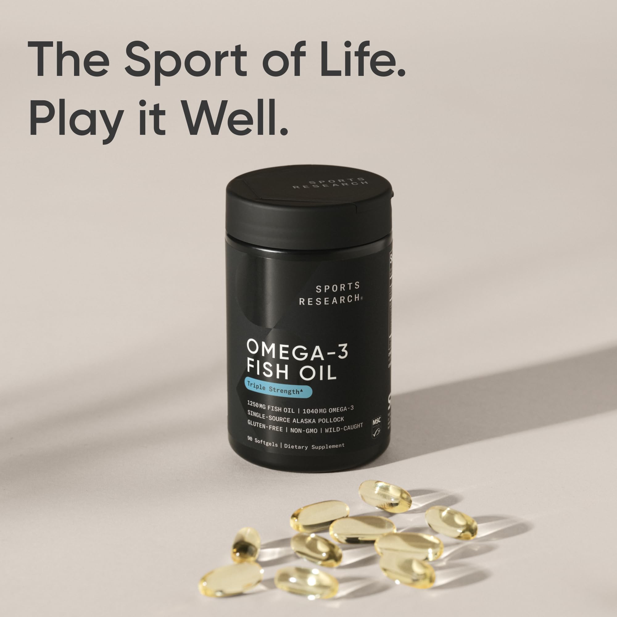 Sports Research bottle and softgel capsules of triple strength omega 3 fish oil dietary supplement