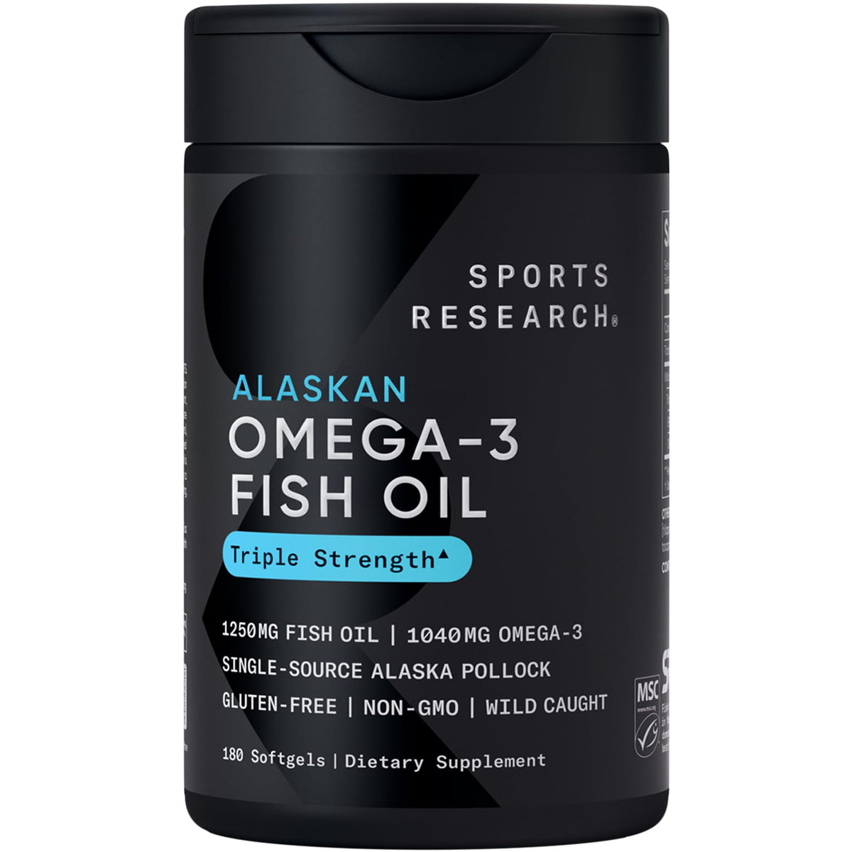 Sports Research Triple Strength Omega 3 Fish Oil Supplement in a black bottle with 180 softgels