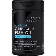 Sports Research Triple Strength Omega 3 Fish Oil Supplement in a black bottle with 180 softgels