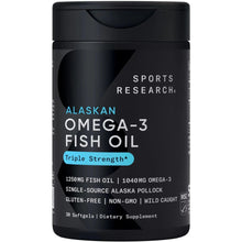 Sports Research Alaskan Omega-3 Fish Oil supplement bottle, black label with blue Triple Strength badge