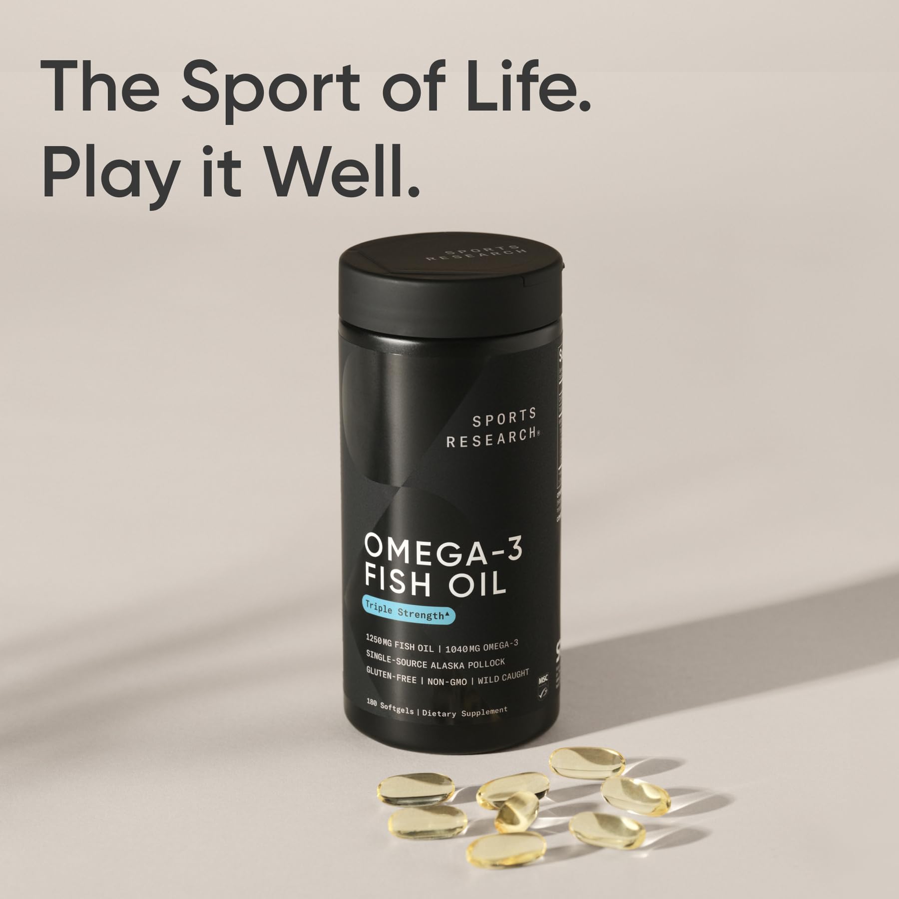 Sports Research triple strength omega 3 fish oil supplement in a black container with softgel capsules