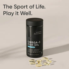 Sports Research Omega-3 fish oil bottle with black cap and yellow softgels