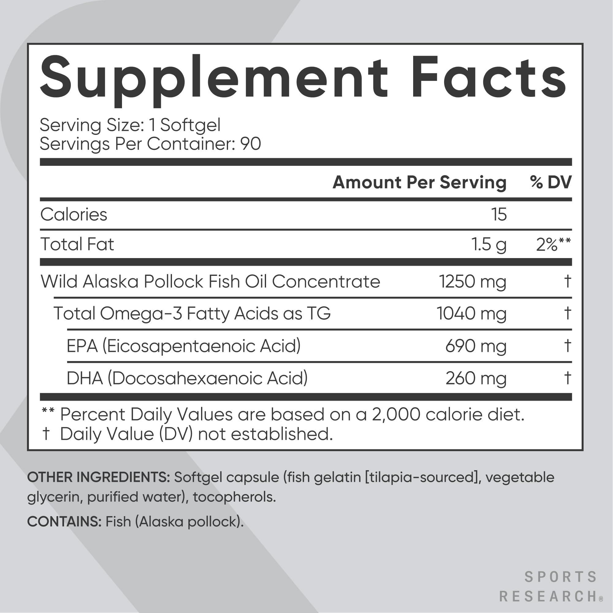 Sports Research supplement facts label for triple strength omega 3 fish oil softgel 1250 mg Wild Alaska Pollock