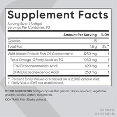 Sports Research supplement facts label for triple strength omega 3 fish oil softgel 1250 mg Wild Alaska Pollock