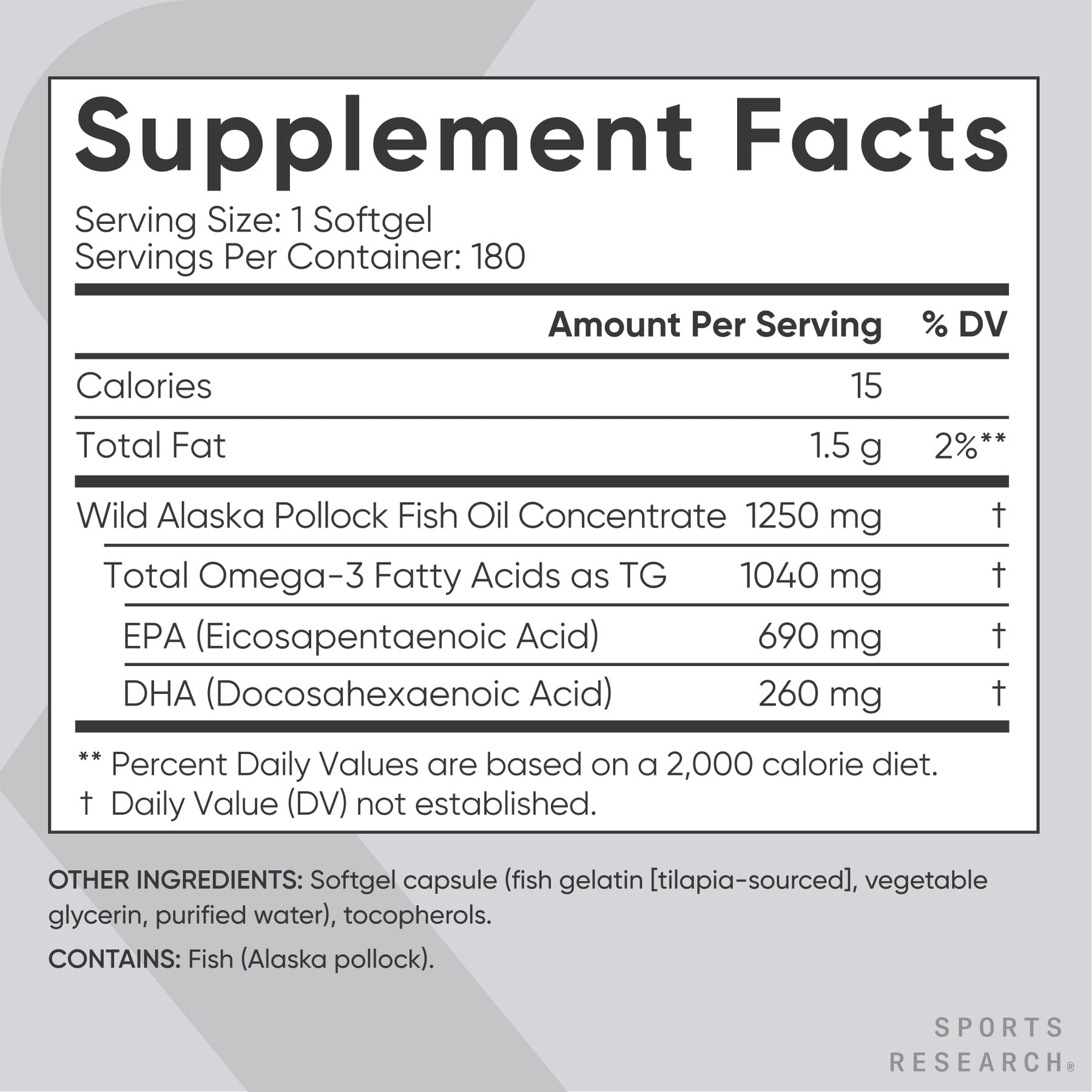 Supplement facts for Sports Research triple strength omega 3 fish oil supplement with dosage details