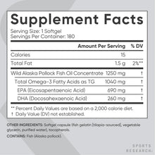 Supplement Facts panel showing serving size and omega-3 amounts table
