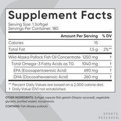 Supplement facts for Sports Research triple strength omega 3 fish oil supplement with dosage details