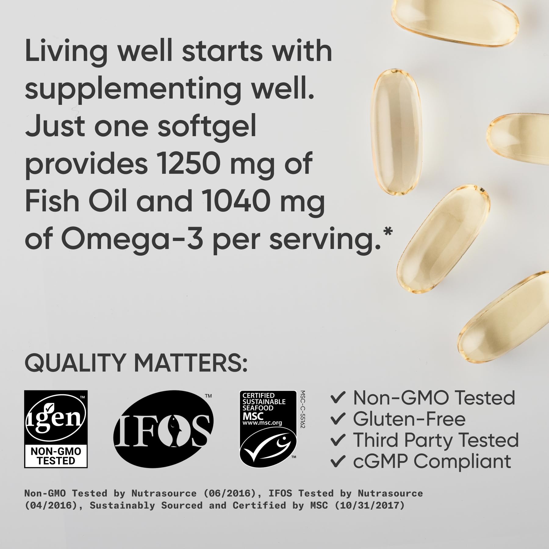 Sports Research image of golden softgel capsules and quality badges for triple strength omega 3 fish oil supplement