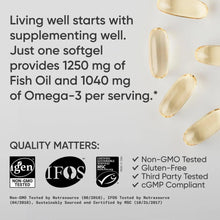 Omega-3 fish oil softgels with quality icons and benefit text on a supplement label