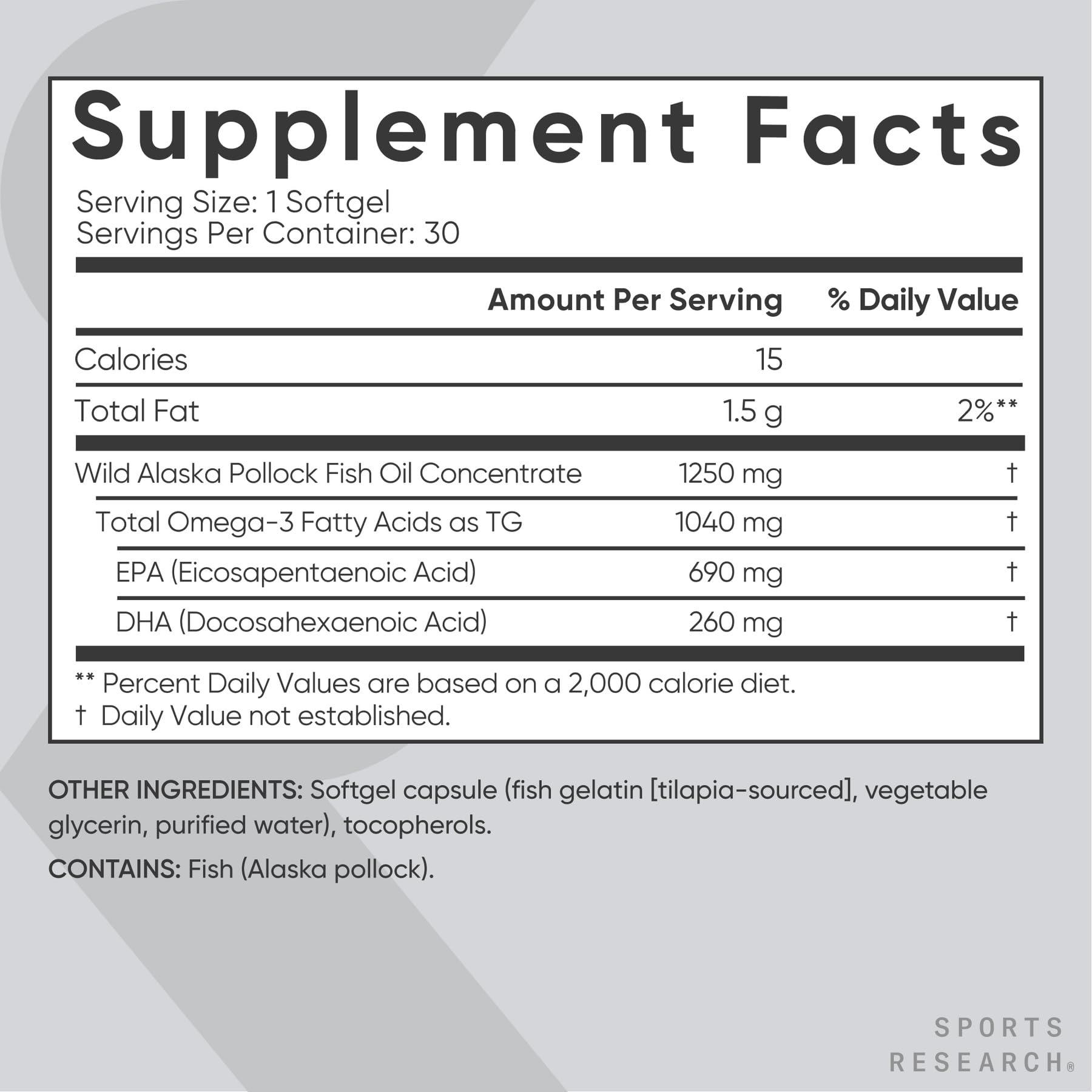 Sports Research supplement facts label showing triple strength omega 3 fish oil supplement 1 softgel 1250mg