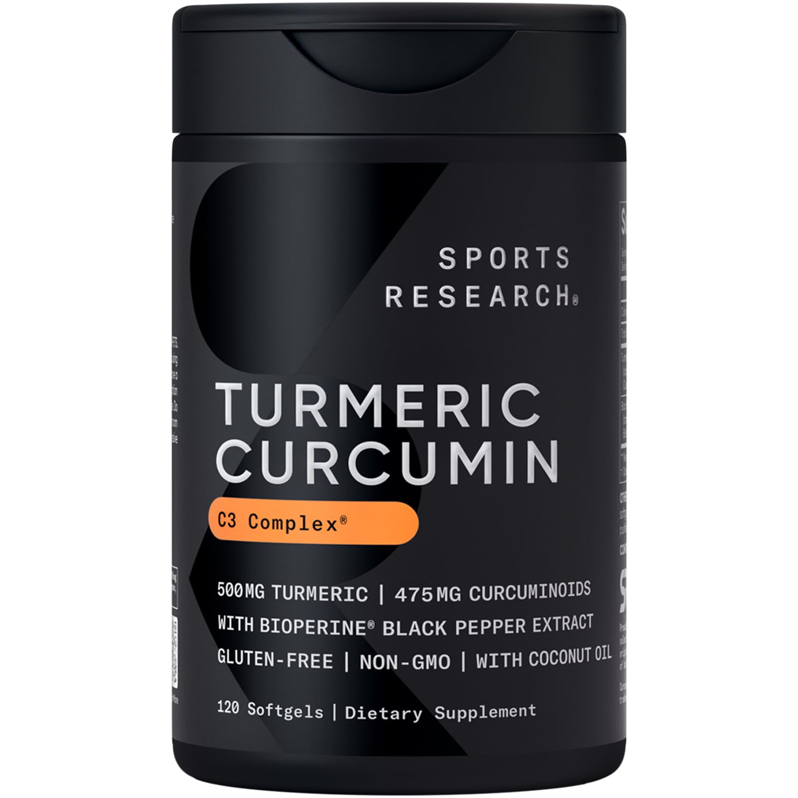 Sports Research black bottle Turmeric Curcumin C3 Complex 120 softgels 500mg with Bioperine turmeric curcumin supplement UAE