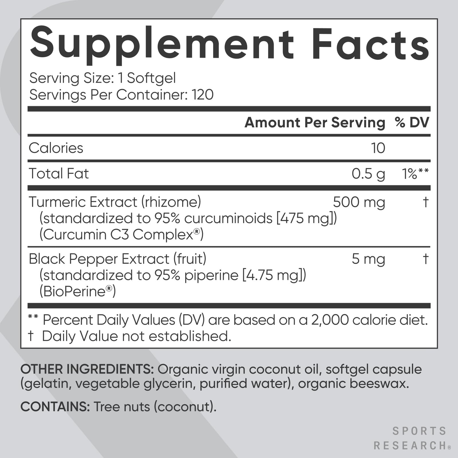 Sports Research supplement facts label turmeric 500 mg black pepper extract contains coconut turmeric curcumin supplement UAE