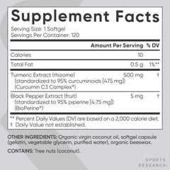 Sports Research supplement facts label turmeric 500 mg black pepper extract contains coconut turmeric curcumin supplement UAE