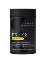 Vitamin D3 + K2 supplement bottle with D3+K2 label and dosage details