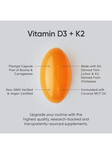 Diagram of orange plant-based D3 + K2 capsule on gray panel