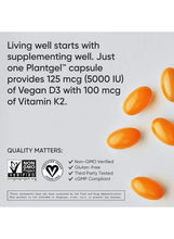 Vegan D3 + K2 softgel with orange capsules shown