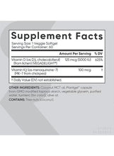 Supplement facts panel for D3+K2 vegan softgels on bottle back