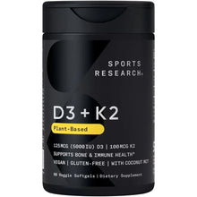 Sports Research D3+K2 plant-based supplement bottle, black label, 60 veggie softgels