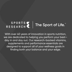 Sports Research logo and mission statement panel describing products and Vitamin K2 D3 supplement UAE availability
