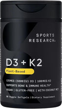 Sports Research D3+K2 plant-based supplement bottle front label with vegan gluten-free text