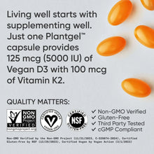D3+K2 supplement info panel with orange vegan softgels and dosage text