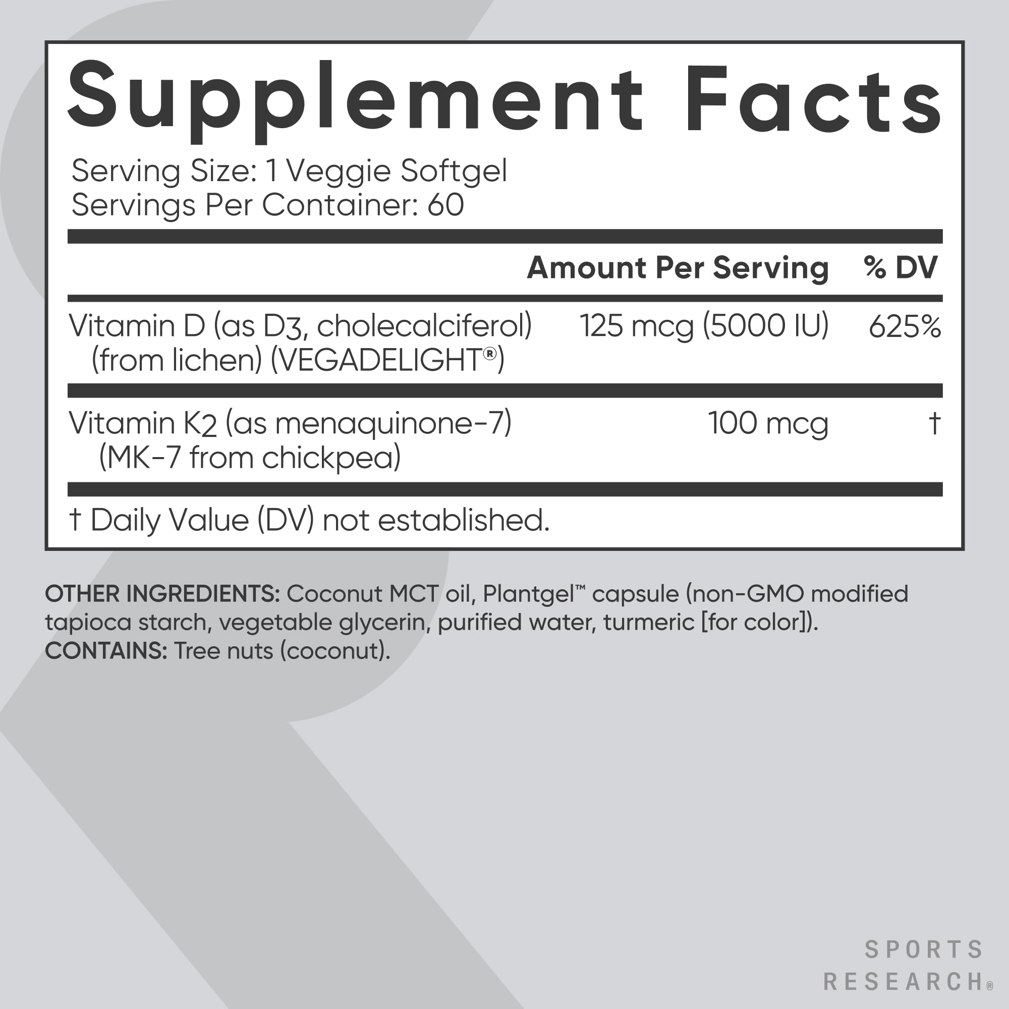 Sports Research supplement facts label showing Vitamin D3 5000 IU and Vitamin K2 100 mcg Vitamin K2 D3 supplement UAE