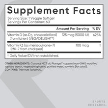 Supplement Facts label for Vitamin D3 and Vitamin K2, serving size 1 veggie softgel