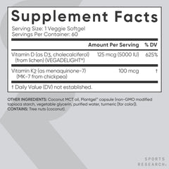 Sports Research supplement facts label showing Vitamin D3 5000 IU and Vitamin K2 100 mcg Vitamin K2 D3 supplement UAE