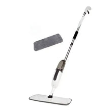 Spray mop with microfiber floor pad and extended white-and-black handle