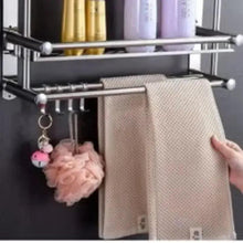 Stainless steel towel storage shelf with lower hanging hooks and rack bars