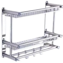 Stainless steel bathroom shelf with two horizontal rack bars and side supports