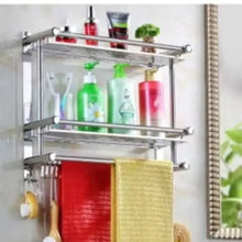 Stainless steel double shelf rack with two tiers and hanging bars for bottles