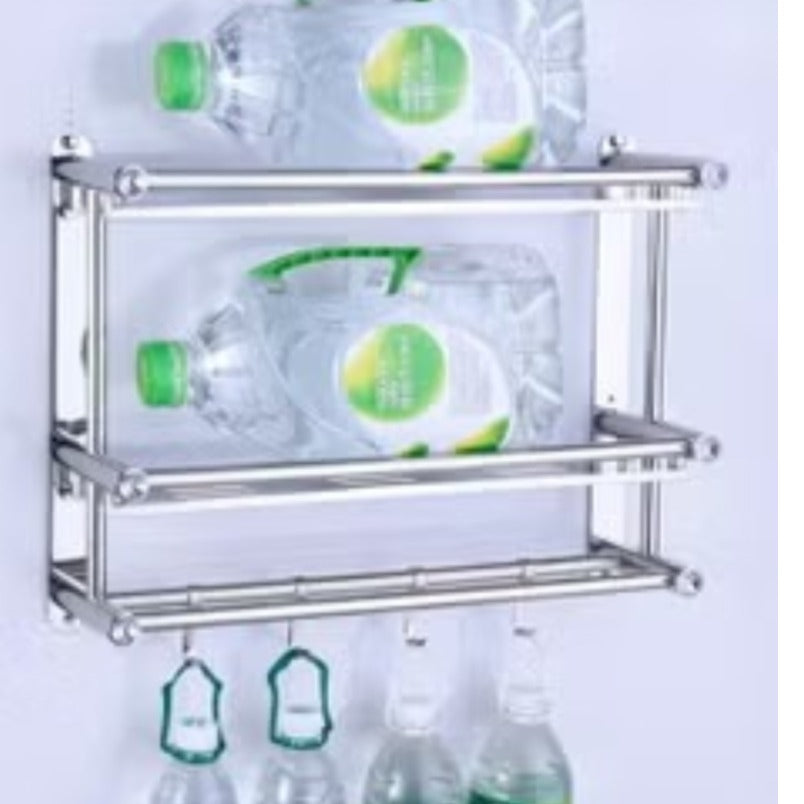 Huitich stainless steel bathroom shelf with two tiers holding water bottles and hanging hooks for storage
