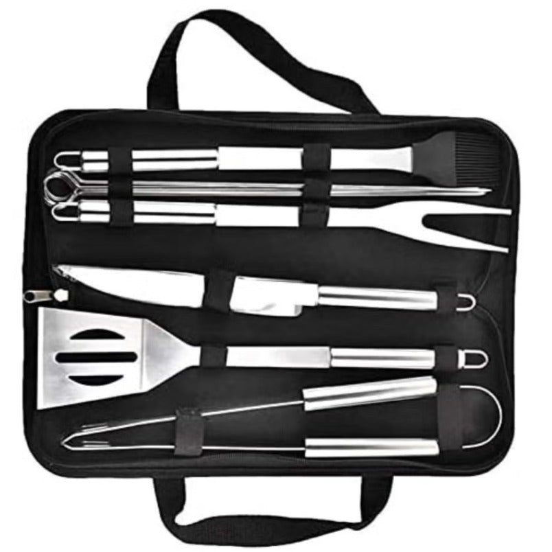 Huitich stainless steel BBQ utensil set with spatula, tongs, fork, knife, and brush in black carrying case