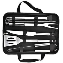 Stainless steel BBQ utensil set in black carry case, with multiple grilling tools