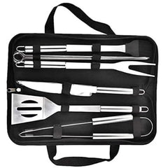 Huitich stainless steel BBQ utensil set with spatula, tongs, fork, knife, and brush in black carrying case