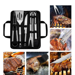 Huitich stainless steel BBQ utensil set with spatula, tongs, fork, knife, and basting brush in carrying case