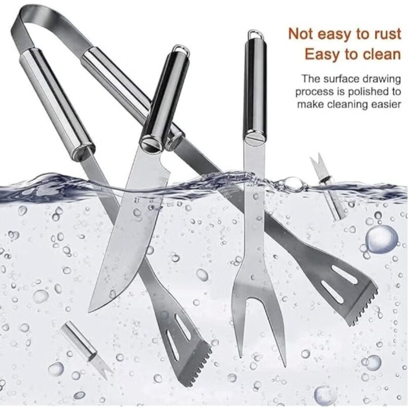 Huitich stainless steel BBQ utensil set with tongs, spatula, fork, and knife submerged in water showing easy to clean feature