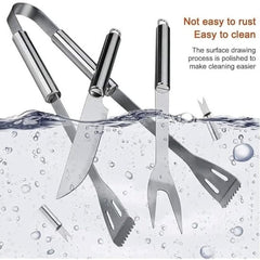 Huitich stainless steel BBQ utensil set with tongs, spatula, fork, and knife submerged in water showing easy to clean feature