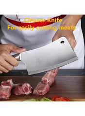 Huitich stainless steel kitchen knife set cleaver knife cutting raw meat on wooden board