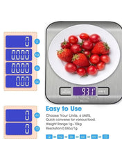 Huitich stainless steel kitchen scale with digital display measuring strawberries on a white plate