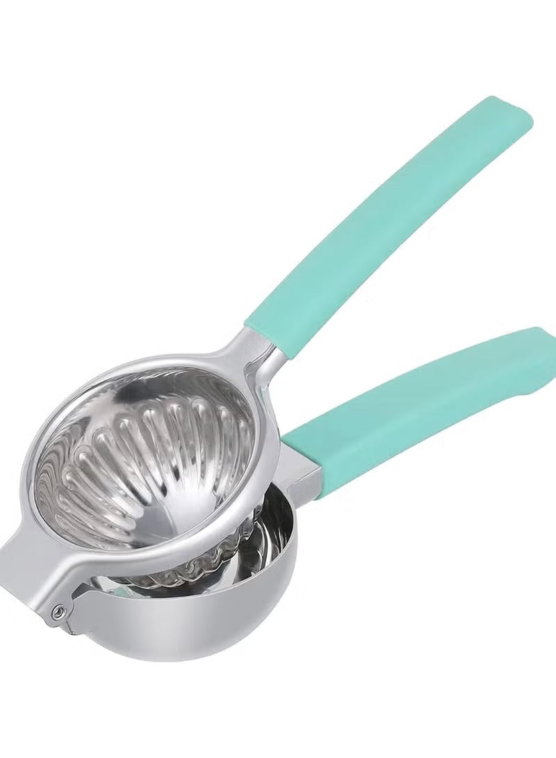 Stainless steel lemon squeezer with silver body and blue handles for easy citrus juicing