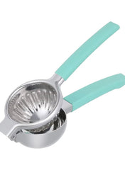 Stainless steel lemon squeezer with silver body and blue handles for easy citrus juicing