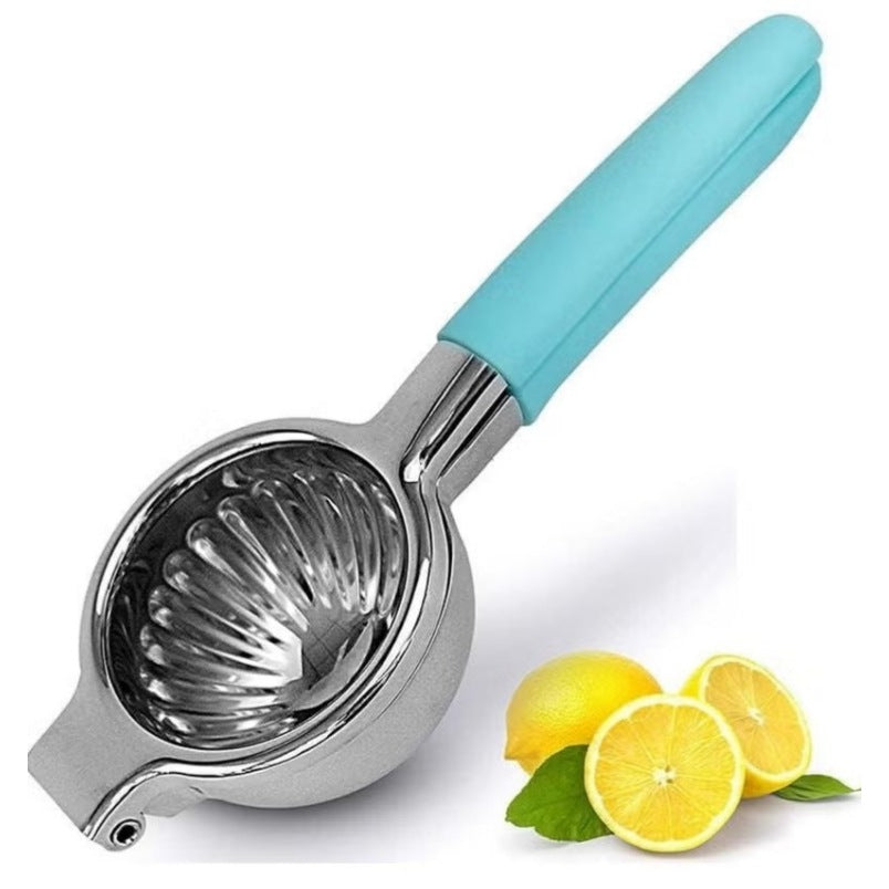 Huitich stainless steel lemon squeezer with blue handle and fresh lemons on white background
