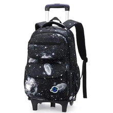 Kids rolling school backpack, black starry galaxy print with wheels and pull handle