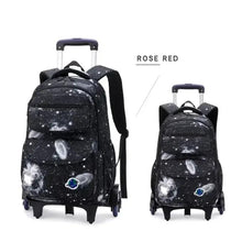 Kids rolling school backpack, black galaxy print with front pocket, wheels, and handle