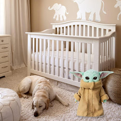 Huitich 11 inch Baby Yoda plush toy in nursery room with white crib and sleeping dog on carpet