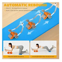 Ab roller base with orange wheels, white frame, and gray handle foot pads on mat.