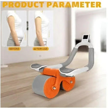 Ab roller base with orange wheel pair and white U-frame on a wooden floor.