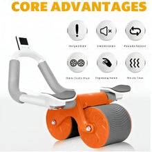White U-frame ab roller base with orange wheels and gray handle pads.